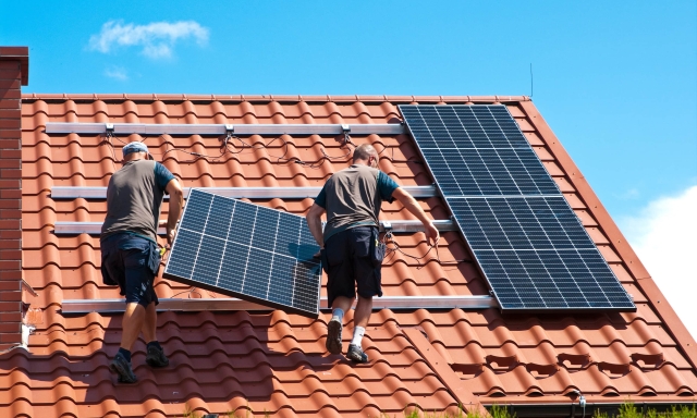 Workers install solar panels on a rooftop