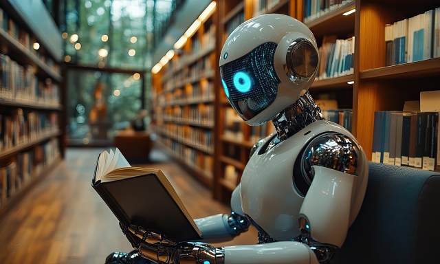 Image of a robot reading a book